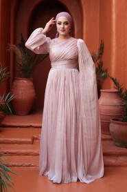 Modest Evening Dress - Cape Detailed Powder Modest Evening Dress 53021PD - 1