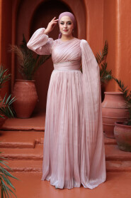 Modest Evening Dress - Cape Detailed Powder Modest Evening Dress 53021PD - 3