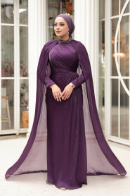 Modest Evening Dress - Cape Detail Purple Modest Evening Dress 54391MOR - 1