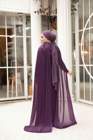Modest Evening Dress - Cape Detail Purple Modest Evening Dress 54391MOR - 4