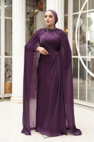 Modest Evening Dress - Cape Detail Purple Modest Evening Dress 54391MOR - 2