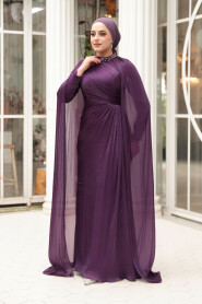Modest Evening Dress - Cape Detail Purple Modest Evening Dress 54391MOR - 3