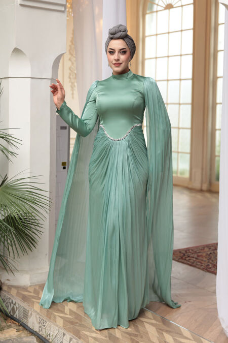 Modest Evening Dress - Cape Detail Almond Green Modest Evening Dress 5418CY - NEVA STYLE