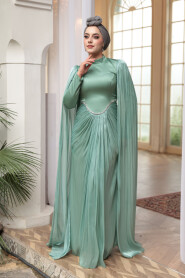 Modest Evening Dress - Cape Detail Almond Green Modest Evening Dress 5418CY - 2