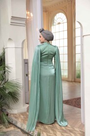 Modest Evening Dress - Cape Detail Almond Green Modest Evening Dress 5418CY - 3