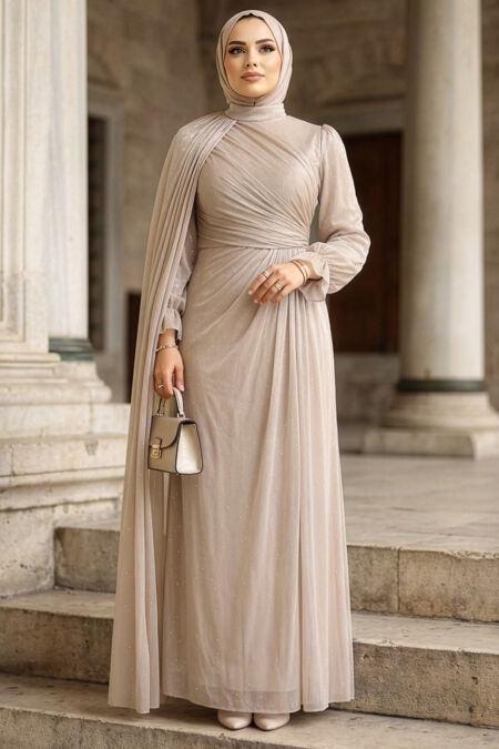 Modest Evening Dress - Cape Detailed Stone Modest Evening Dress 4875TAS - 