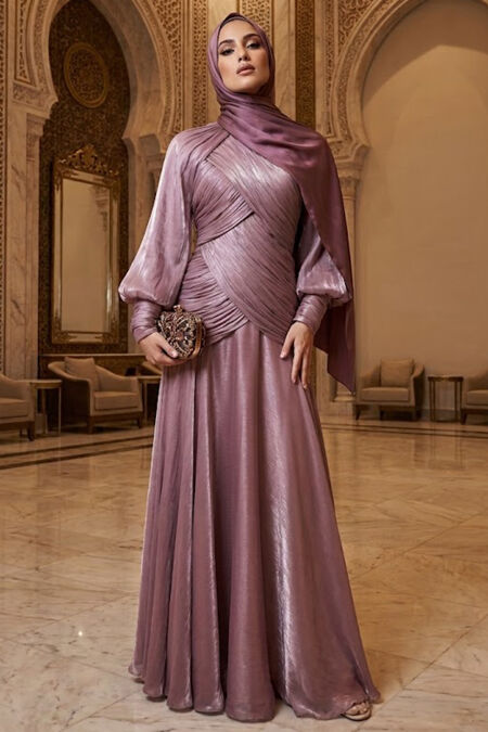 Modest Evening Dress - Drape Detail Dusty Rose Modest Evening Dress 55821GK - 