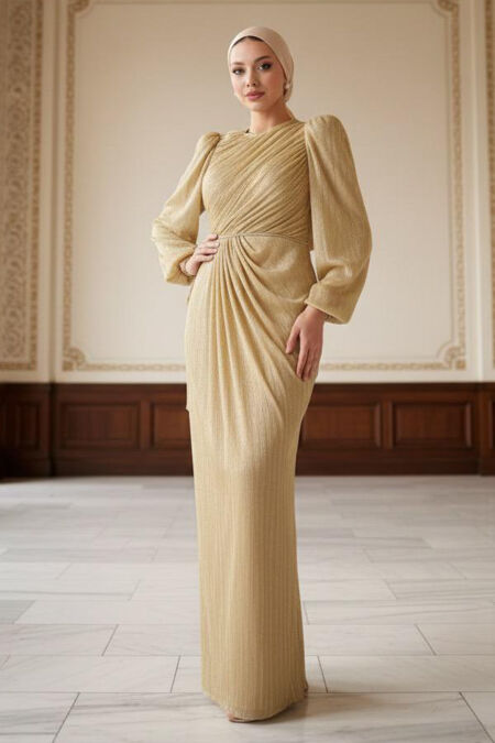 Modest Evening Dress - Drape Detailed Biscuit Modest Evening Dress 55172BS - 