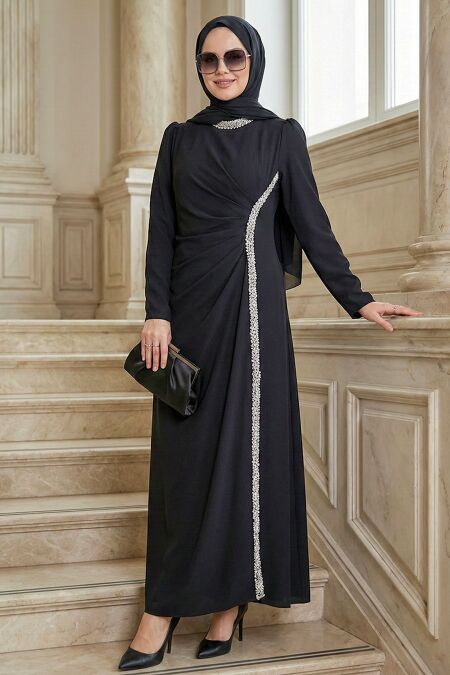 Modest Evening Dress - Drape Detailed Black Modest Evening Dress 48561S - 