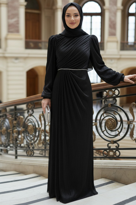 Modest Evening Dress - Drape Detailed Black Modest Evening Dress 55172S - 