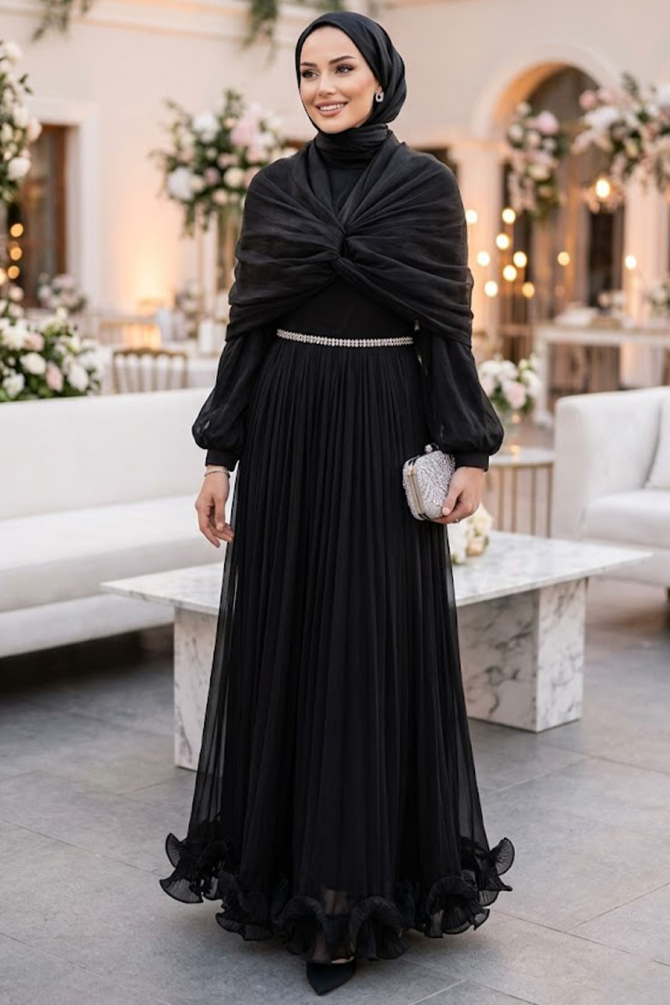 Modest Evening Dress - Drape Detailed Black Modest Evening Dress 56371S - 