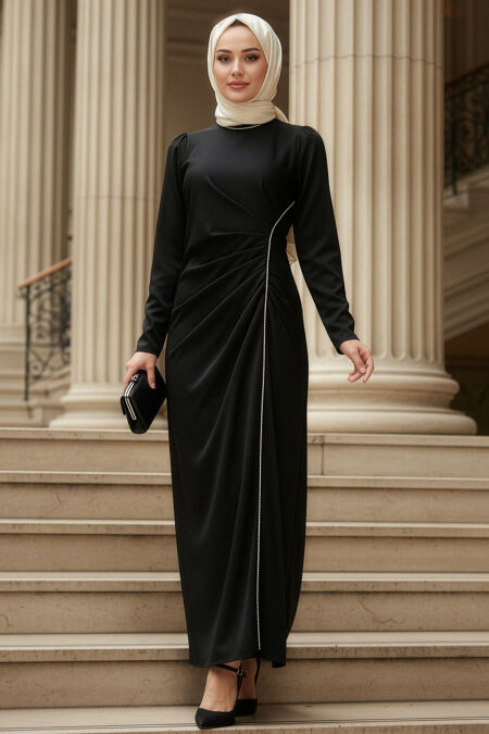 Modest Evening Dress - Drape Detailed Black Modest Satin Evening Dress 46681S - 