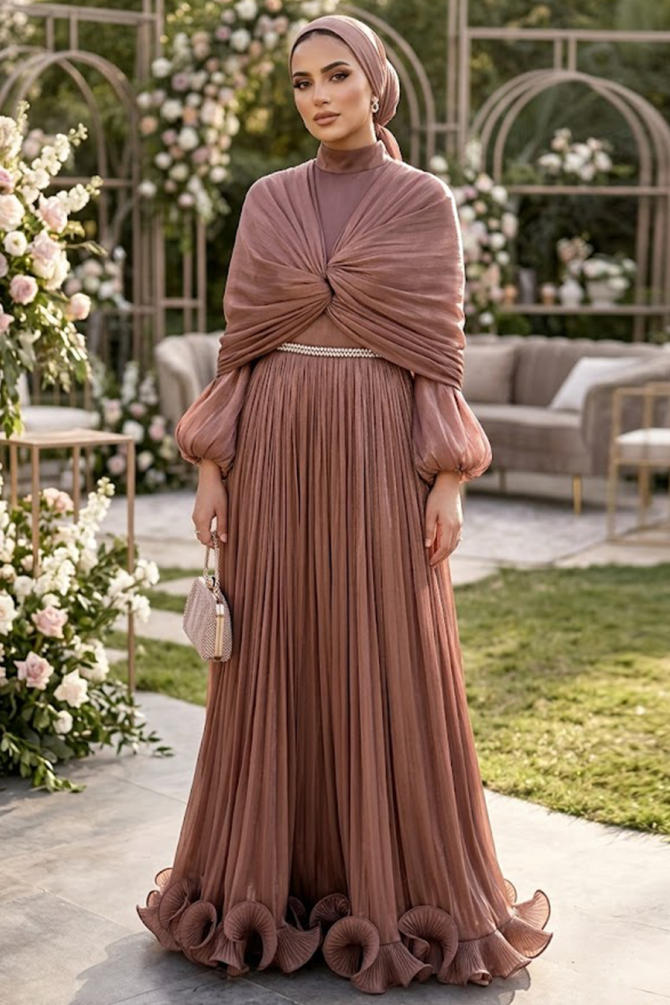 Modest Evening Dress - Drape Detailed Brown Modest Evening Dress 56371KH - 