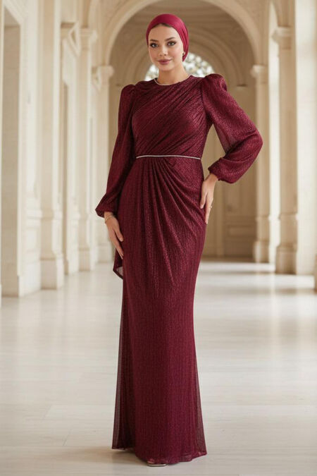 Modest Evening Dress - Drape Detailed Claret Red Modest Evening Dress 55172BR - 