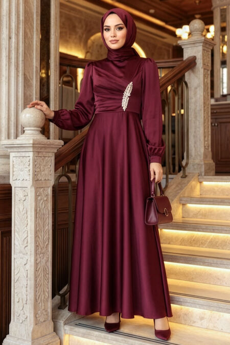 Modest Evening Dress - Drape Detailed Claret Red Modest Satin Evening Dress 6261BR - 