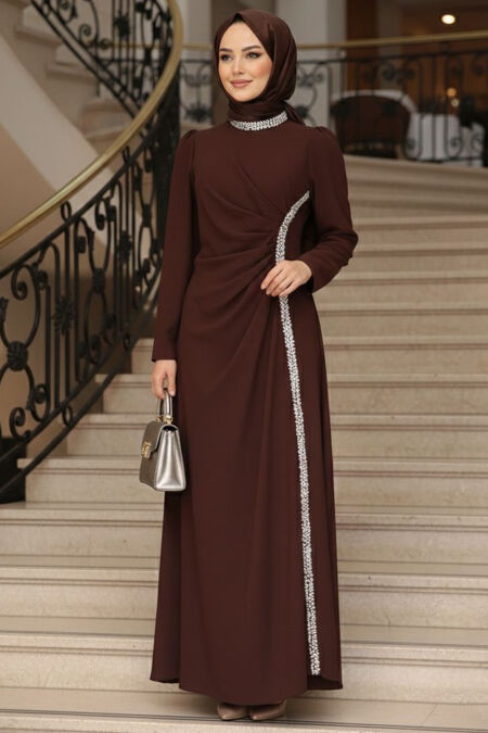 Modest Evening Dress - Drape Detailed Dark Brown Modest Evening Dress 48561KKH - 