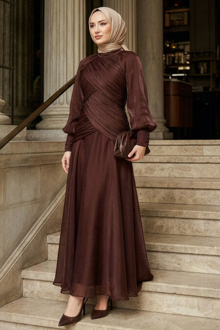 Modest Evening Dress - Drape Detailed Dark Brown Modest Evening Dress 55821KKH - 