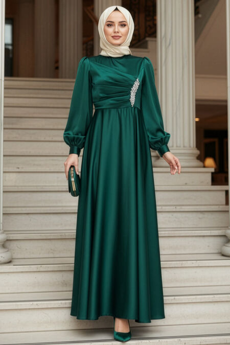 Modest Evening Dress - Drape Detailed Emerald Green Modest Satin Evening Dress 6261ZY - 