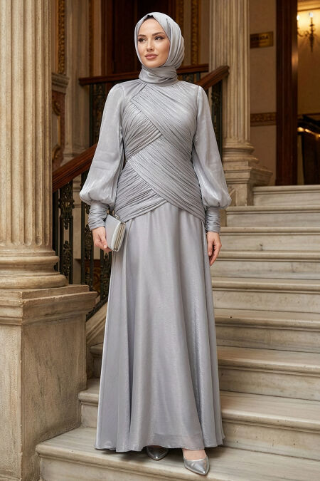 Modest Evening Dress - Drape Detailed Grey Modest Evening Dress 55821GR - 