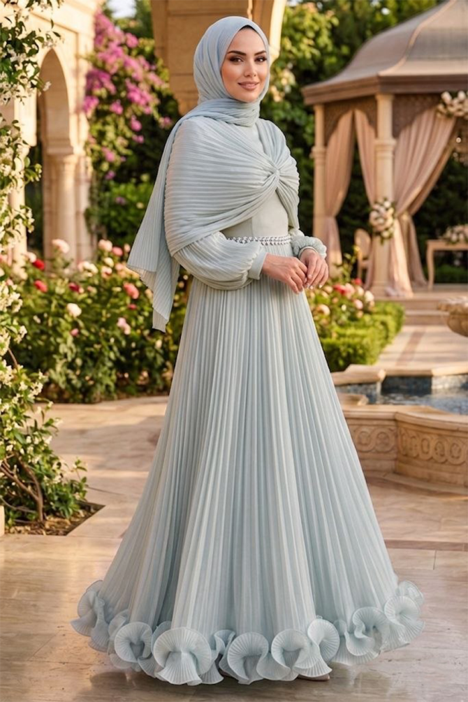 Modest Evening Dress - Drape Detailed Mint Modest Evening Dress 56371MINT - 