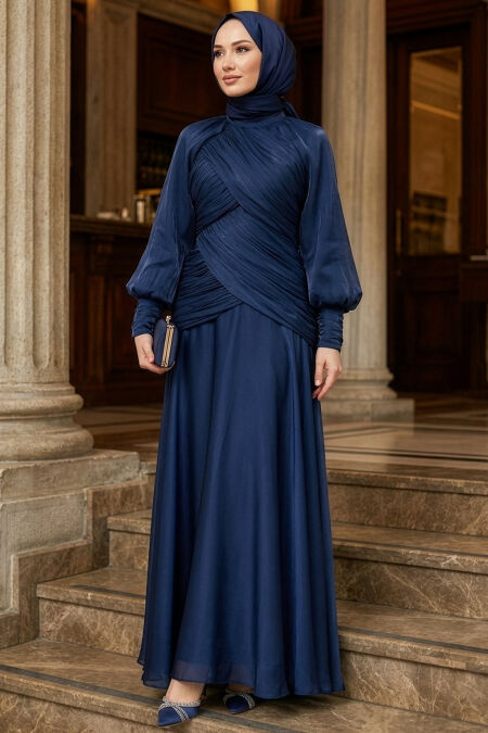 Modest Evening Dress - Drape Detailed Navy Blue Modest Evening Dress 55821L - 