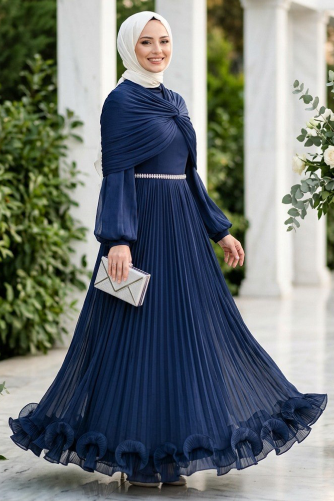 Modest Evening Dress - Drape Detailed Navy Blue Modest Evening Dress 56371L - 