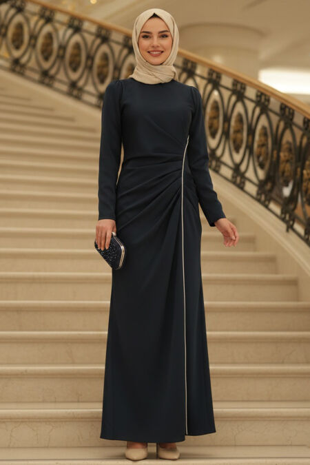 Modest Evening Dress - Drape Detailed Navy Blue Modest Satin Evening Dress 46681L - 