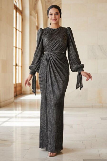 Modest Evening Dress - Drape Detailed Silver Modest Evening Dress 55172GMS - 