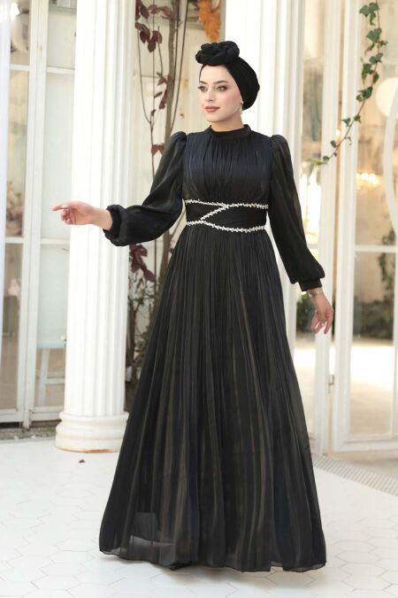 Modest Evening Dress - Draped Black Modest Evening Dress 54041S - NEVA STYLE