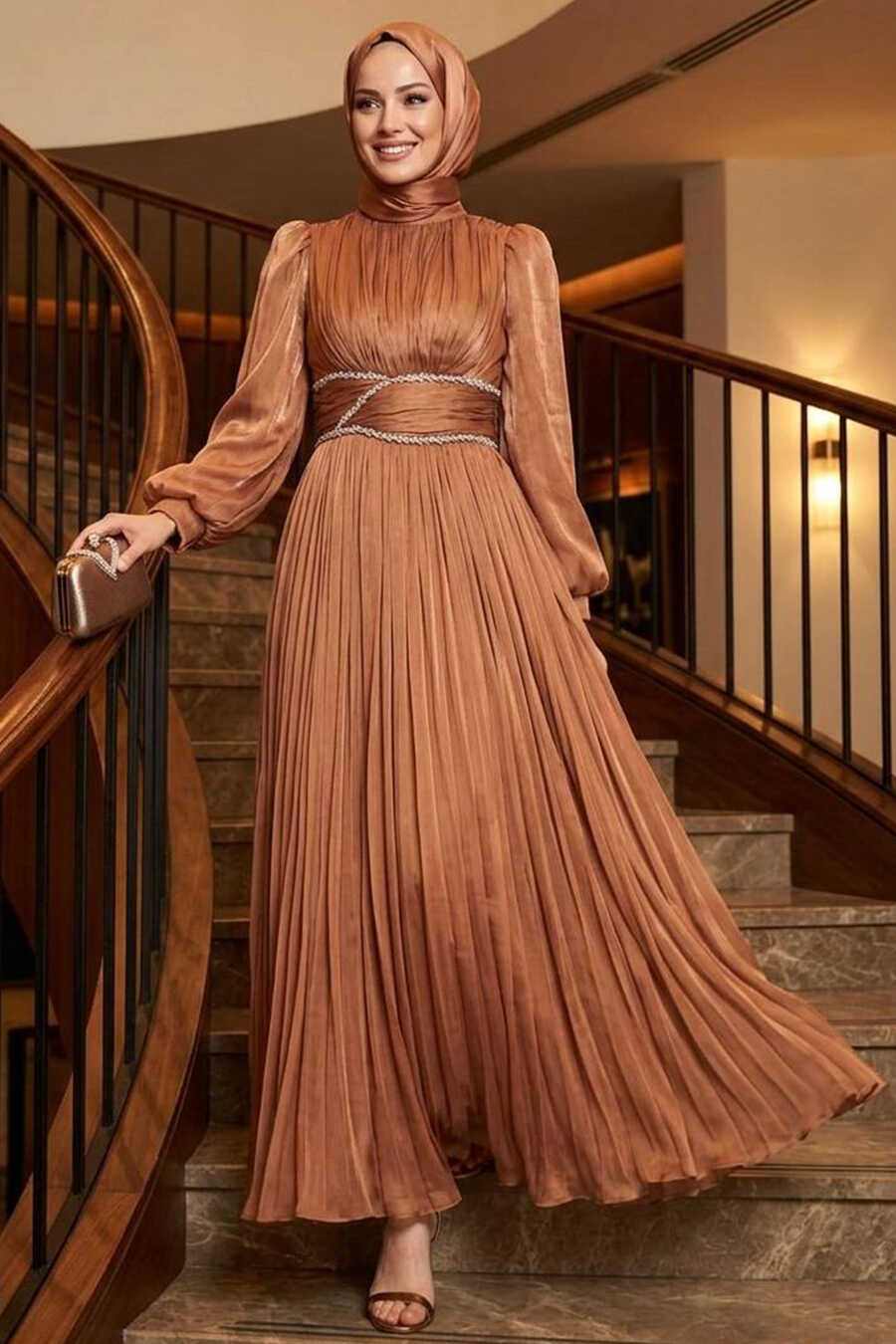 Draped Detail Camel Modest Evening Dress 54041C - Neva-style.com