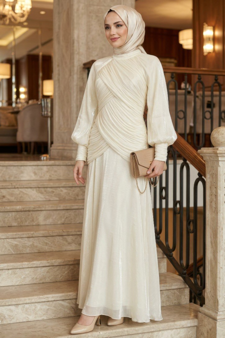 Modest Evening Dress - Draped Detail Ecru Modest Evening Dress 55821E - 