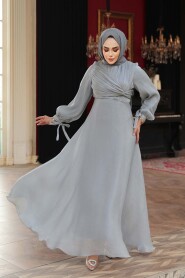 Modest Evening Dress - Draped Grey Modest Evening Dress 62201GR - 1