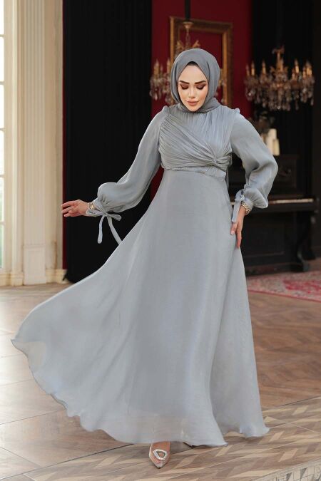 Modest Evening Dress - Draped Grey Modest Evening Dress 62201GR - NEVA STYLE