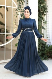 Modest Evening Dress - Draped Navy Modest Evening Dress 54041L - 1