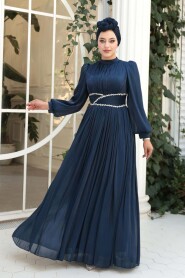 Modest Evening Dress - Draped Navy Modest Evening Dress 54041L - 3