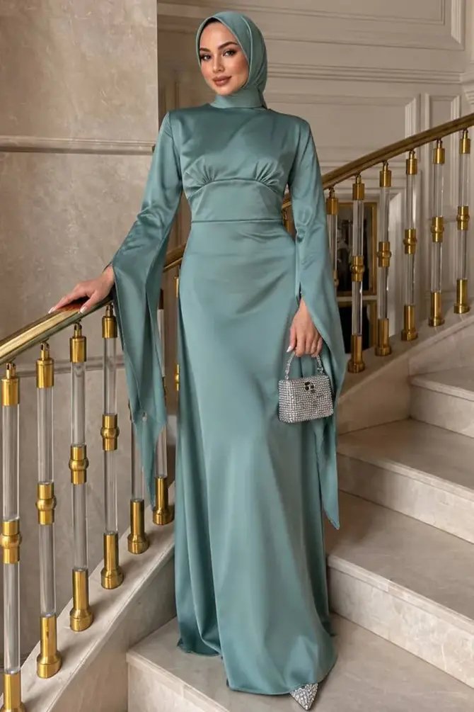 Modest Evening Dress - Flare Sleeve Mint Modest Satin Evening Dress 6258Mint - 
