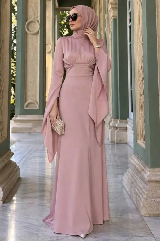 Modest Evening Dress - Flare Sleeve Powder Pink Modest Satin Evening Dress 6258PD - 