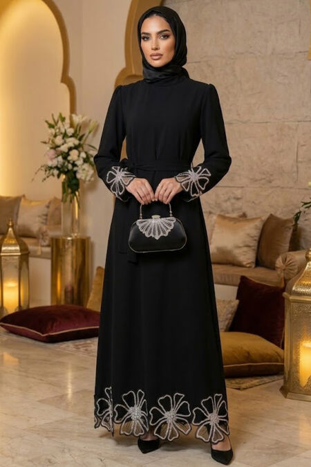 Modest Evening Dress - Floral Detail Black Modest Evening Dress 4802S - 