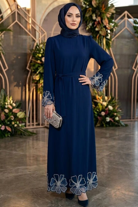 Modest Evening Dress - Floral Detail Navy Modest Evening Dress 4802L - 