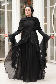 Modest Evening Dress - Ruffle Detailed Black Modest Evening Dress 53981S - 2