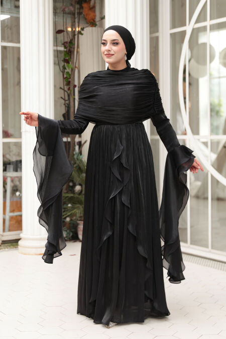 Modest Evening Dress - Ruffle Detailed Black Modest Evening Dress 53981S - NEVA STYLE