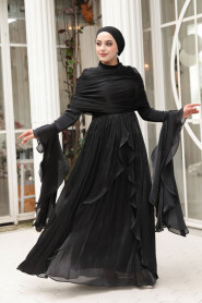 Modest Evening Dress - Ruffle Detailed Black Modest Evening Dress 53981S - 3