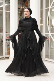 Modest Evening Dress - Ruffle Detailed Black Modest Evening Dress 53981S - 4