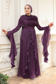 Modest Evening Dress - Ruffle Detailed Dark Purple Modest Evening Dress 53981KMOR - 1