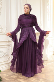 Modest Evening Dress - Ruffle Detailed Dark Purple Modest Evening Dress 53981KMOR - 2