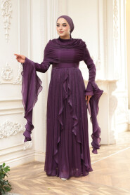 Modest Evening Dress - Ruffle Detailed Dark Purple Modest Evening Dress 53981KMOR - 3