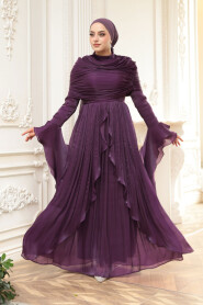 Modest Evening Dress - Ruffle Detailed Dark Purple Modest Evening Dress 53981KMOR - 4