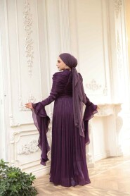 Modest Evening Dress - Ruffle Detailed Dark Purple Modest Evening Dress 53981KMOR - 5