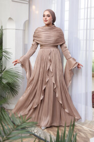 Modest Evening Dress - Ruffle Detailed Mink Modest Evening Dress 53981V - 1