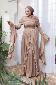 Modest Evening Dress - Ruffle Detailed Mink Modest Evening Dress 53981V - 3